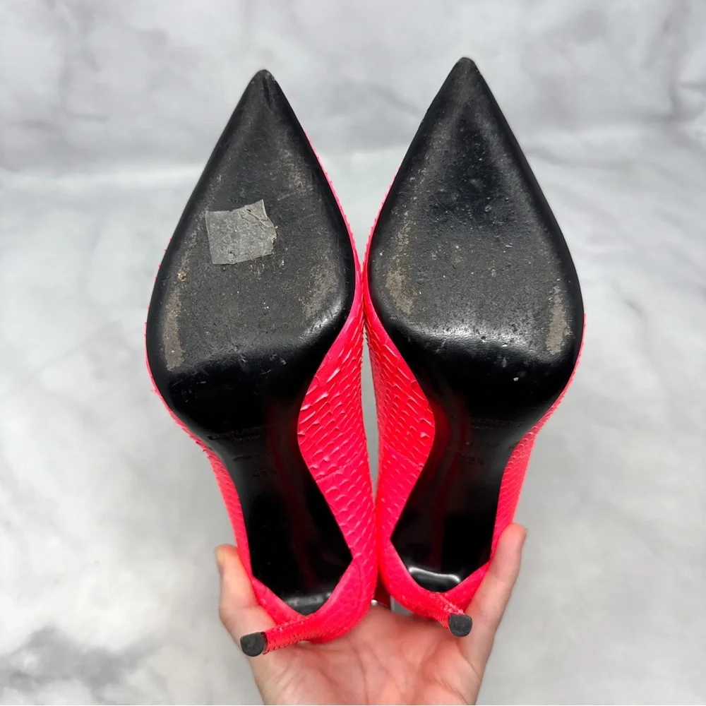 Saint Laurent Zoe 105 Ankle Strap Leather Snakeskin Pointed Toe Pump Heels Neon - Picture 10 of 16